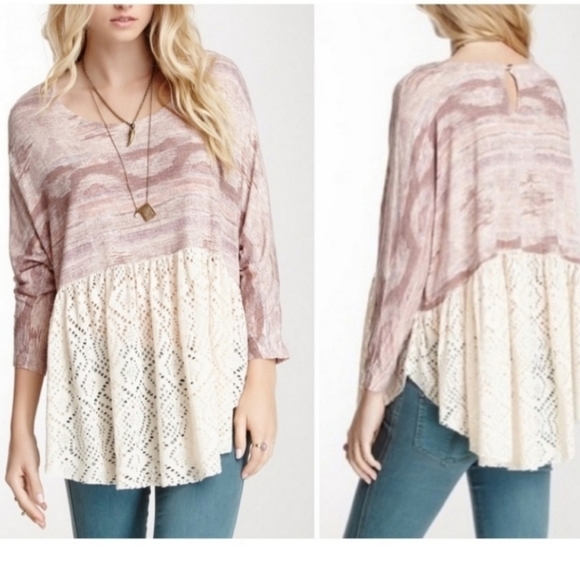 Free People Tops - Free People Punch Diamonds Forever Pink Dolman Sleeve Cream Eyelet Lace Top